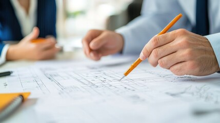 Hands drawing on architectural blueprints with a pencil, in a professional setting. The focus is on the detailed work being done on the plans.