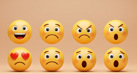 A collection of 3D yellow cartoon face emojis displaying a wide range of emotions from happy and love to sad and angry on a neutral background