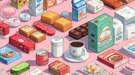 Pixel art food display on pink surface with various items