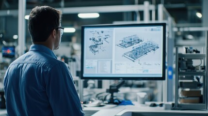 A man in a blue shirt and glasses is working on a computer in a modern factory setting. He is focused on a large monitor displaying technical schematics. The environment is clean and industrial