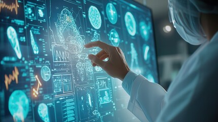 A scientist in a lab coat interacts with a large, futuristic digital screen displaying brain scans and medical data. The screen is illuminated with blue and white hues, showcasing detailed medical 