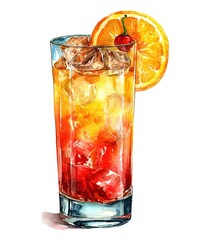 PNG Tequila Sunrise cocktail in highball glass with ice cubes, orange slice, and garnish. Watercolor illustration of layered drink with grenadine, orange juice, and tequila. Mixology and tropical