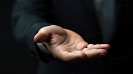 A person in a suit extends their hand palm up against a dark background. The hand is open and facing forward, suggesting a gesture of offering or presenting.