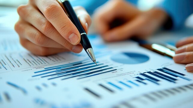 A person analyzing financial charts with a pen, focusing on bar graphs and pie charts. The setting appears to be a professional office environment with a desk and papers.