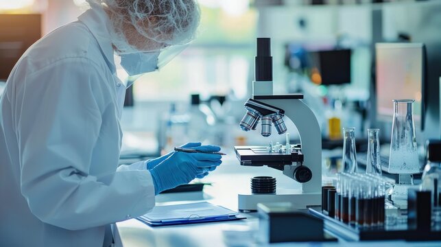Scientist in lab coat and gloves examining sample under microscope in a well-lit laboratory setting with various scientific equipment and glassware visible.