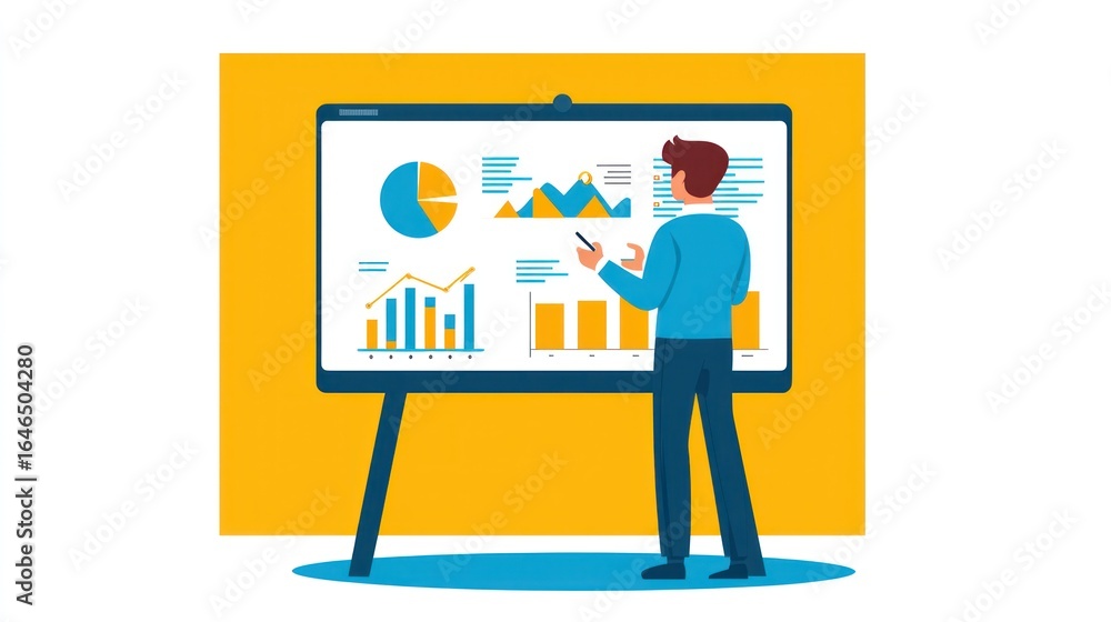 Poster a person presenting data on a large screen with graphs and charts. the individual is standing in fro