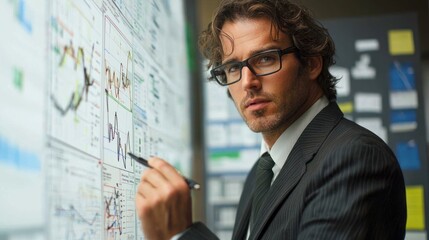 A man in a suit points at a large screen displaying graphs and charts, indicating a business or financial analysis setting. He appears focused and professional, wearing glasses and a formal outfit.