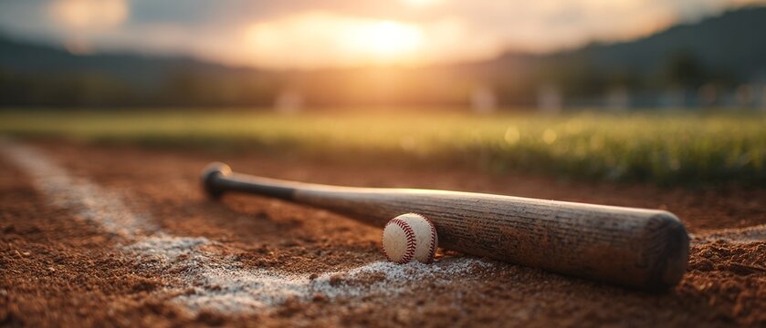 CHAUVE-SOURIS ET BALLE DE BASEBALL SUR LE TERRAIN AU COUCHER DU SOLEIL