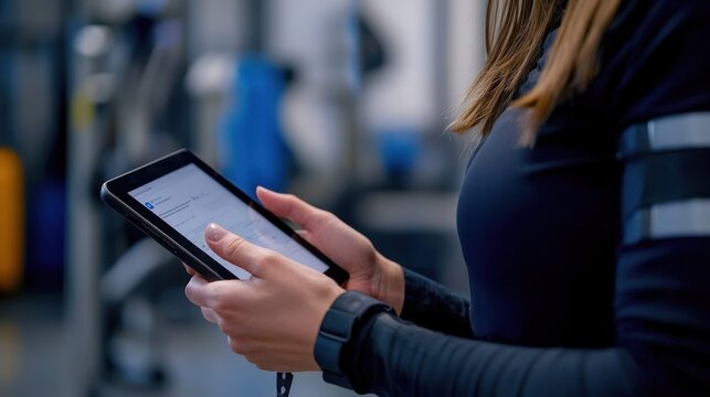 A person holding a tablet in a gym setting, wearing a smartwatch and a dark long-sleeve shirt. The background shows gym equipment and a blurred environment.