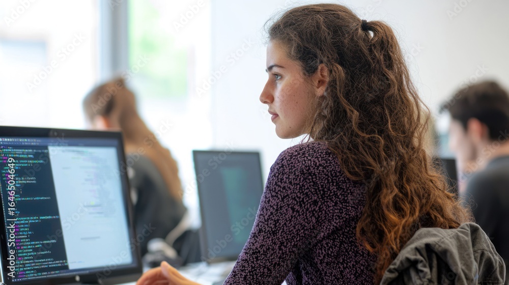 Poster a woman with curly hair is focused on a computer screen in an office setting. she is wearing a patte