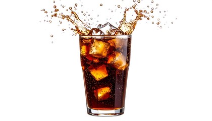 Sparkling cola in glass with ice cubes