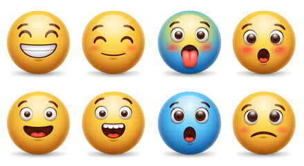Obraz premium Collection of 8 Smiling and Expressive Emoji Faces Happiness, Surprise, and Various Emotions 