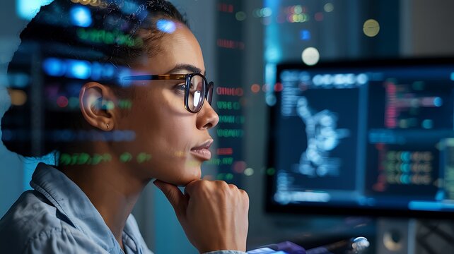 Focused black woman wearing glasses concentrating on complex data and code displayed on a computer screen