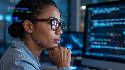 Focused black woman wearing glasses concentrating intently on lines of code displayed on a computer screen in a dimly lit office at night