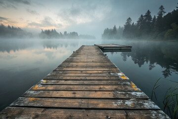 Lonely Abandoned Wooden Dock Extending into Misty Lake at Dawn, Moody and Atmospheric Lakeside Scene