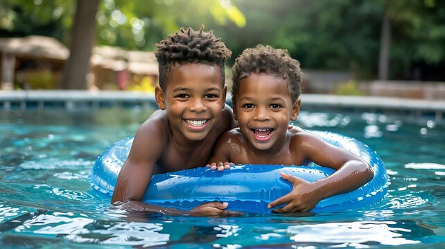 Two happy young black boys with bright smiles enjoying a summer day together in a swimming pool on an inflatable ring
