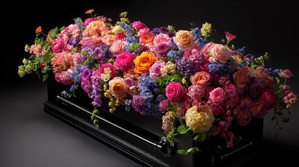 Generative AI, Flowers on a coffin in the funeral or burial services at cemetery, casket with flowers. High quality