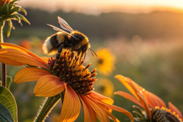 Bumblebee Gathering Pollen from Sunflower in Golden Hour Light, Spring Pollinator Action Shot