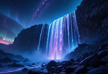 Magical glowing waterfall under vibrant aurora lights in a surreal fantasy night landscape