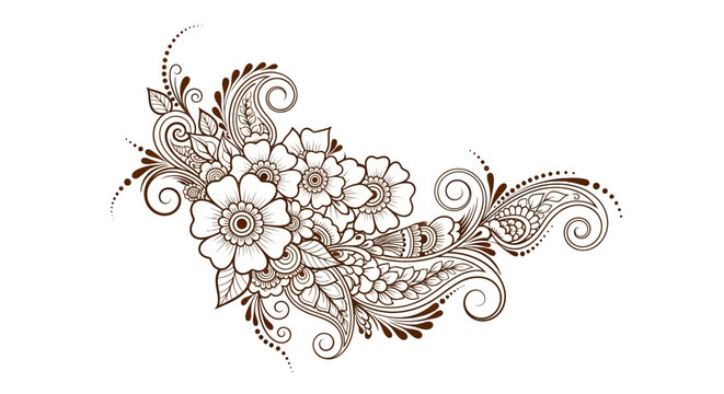 Elegant brown intricate floral pattern illustration with traditional henna-inspired decorative elements and swirling leaf motifs for artistic design projects.