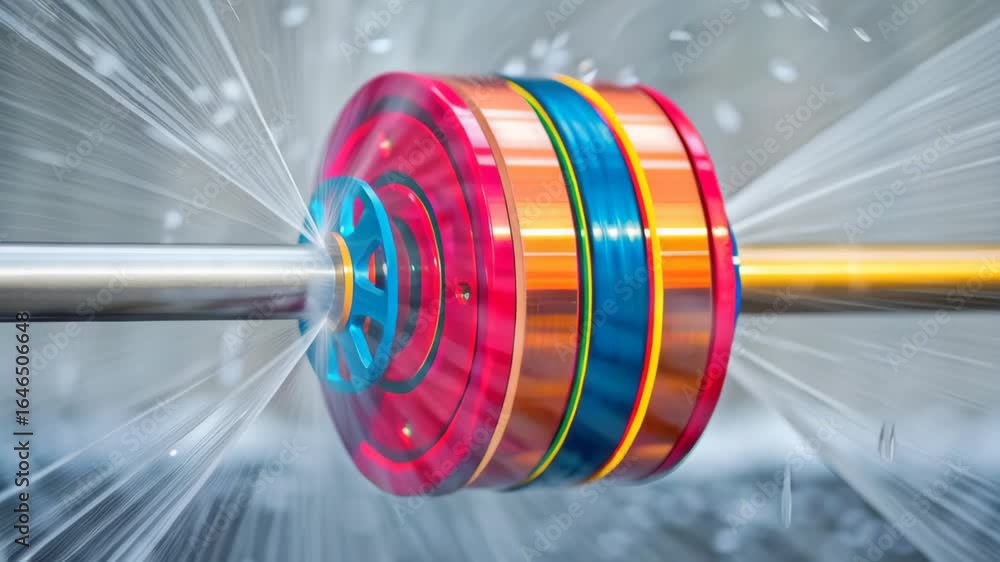 Poster colorful mechanical component spinning rapidly with water spray creating dynamic and energetic scene