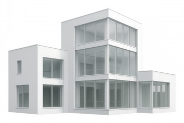 Modern white office building with large windows and transparent background, perfect for architectural visualization projects