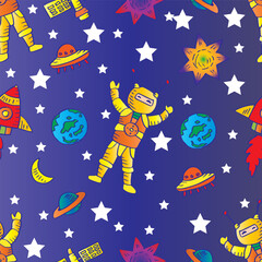 Seamless pattern with cartoon astronaut, planets and stars. Vector illustration.