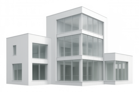 Modern white office building with large windows and transparent background, perfect for architectural visualization projects - Powered by Adobe
