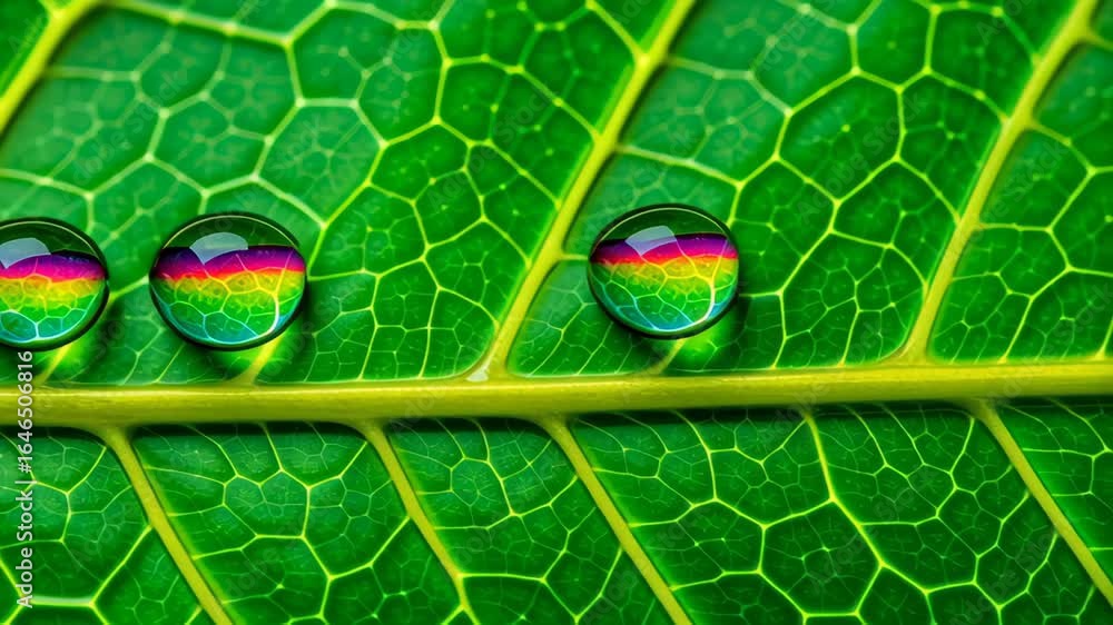 Poster vibrant close up of water droplets on green leaf with macro reflection and intricate patterns creati