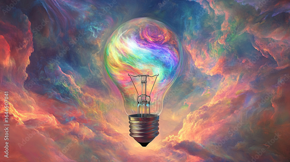 Poster lightbulb with rainbow nebula inside floating in colorful cloudscape
