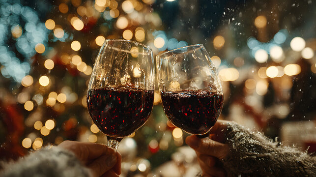 Image shows two hands holding glasses of red wine, clinking together in festive toast against backdrop of Christmas tree and warm, twinkling lights. Concept of winter holidays, fun, celebration, party