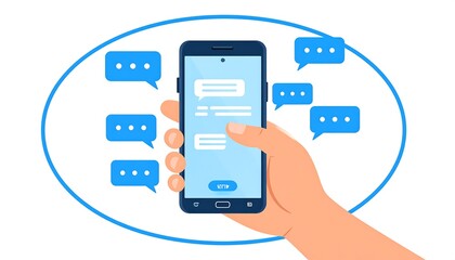 Mobile messaging app. Hand holding smartphone with chat bubbles