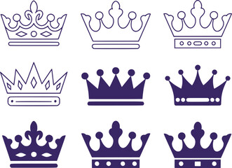 A Variety of Decorative Crown Illustrations Featuring Different Styles Shape and Embellishments in a Symmetrical Composition Against a White Background and Elegant Design