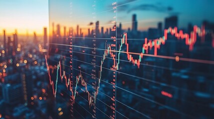 City skyline with overlaid stock market graph at sunset or sunrise.