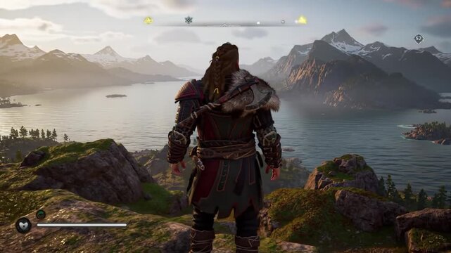 Viking Warrior Overlooking Scenic Landscape with Mountains and Lake at Sunset.