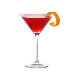 A vibrant red cocktail in a classic martini glass, elegantly garnished with a twisted orange peel. Ideal for beverage promotions, menus, or party themes.
