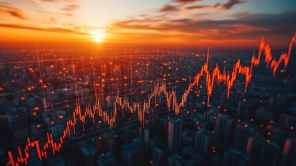Red line graph overlaying a cityscape at sunset or sunrise.