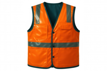Orange and green high-visibility safety vest ensuring worker safety on a transparent background