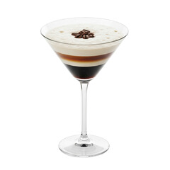An elegant espresso martini cocktail, perfectly layered with foam and coffee bean garnish, served in a classic martini glass. Ideal for menus or beverage promotions.