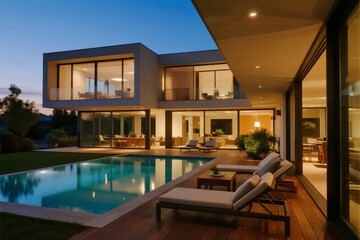 Modern Luxury Villa with Pool at Dusk