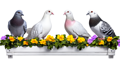 Four pigeons gathered in a white planter box with yellow and purple flowers, cut out transparent