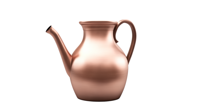 Antique copper pitcher with long spout and curved handle, cut out transparent