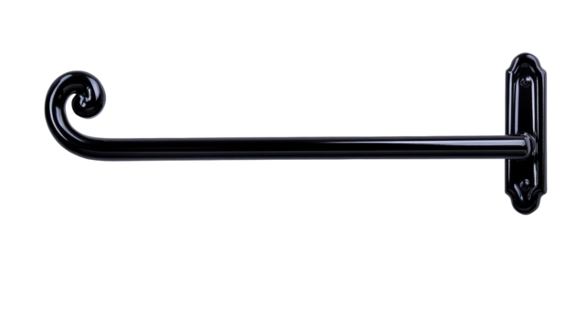 Curved Black Metal Hook with Scroll Detail for Hanging Items, cut out transparent