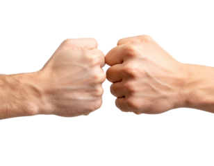 Close-Up of Clenched Fists in Mid-Air, Side Angle, Symbol of Confrontation, isolated on transparent background PNG