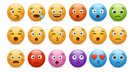 Set of colorful 3D emoticons with different facial expressions. Vector illustration of character icons for digital communication and social media.