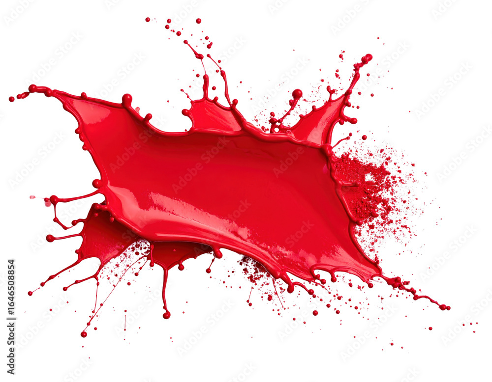 Poster dynamic splash of glossy red paint with radiating droplets and textured splatters frozen in midair.