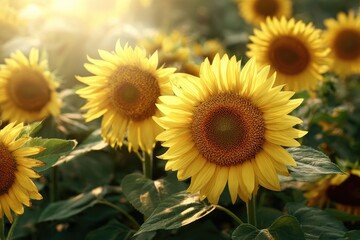 Fototapeta premium Sunflowers in a field, bathed in golden sunlight