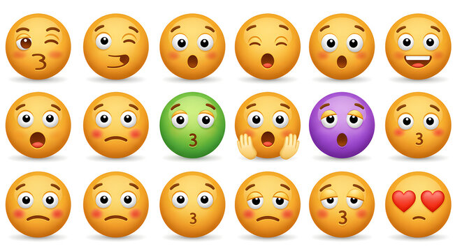 A large collection of 3D yellow emoji faces with various expressions. Set of vector emoticons showing emotions like joy, sadness, and surprise.
