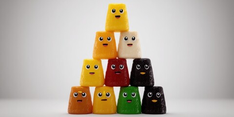 Colorful and Playful Jelly Cubes Stacked in a Fun Pyramid Shape with Smiling Faces