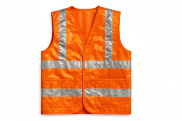 Safety vest with bright orange fabric and reflective silver stripes, highlighting worker protection during low-light industrial and construction scenarios, transparent backdrop